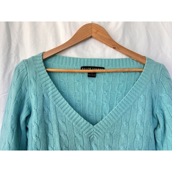 Ralph Lauren Black Label Cable Knit Thick V-Neck Sweater Large Cashmere Blend - Picture 2 of 9